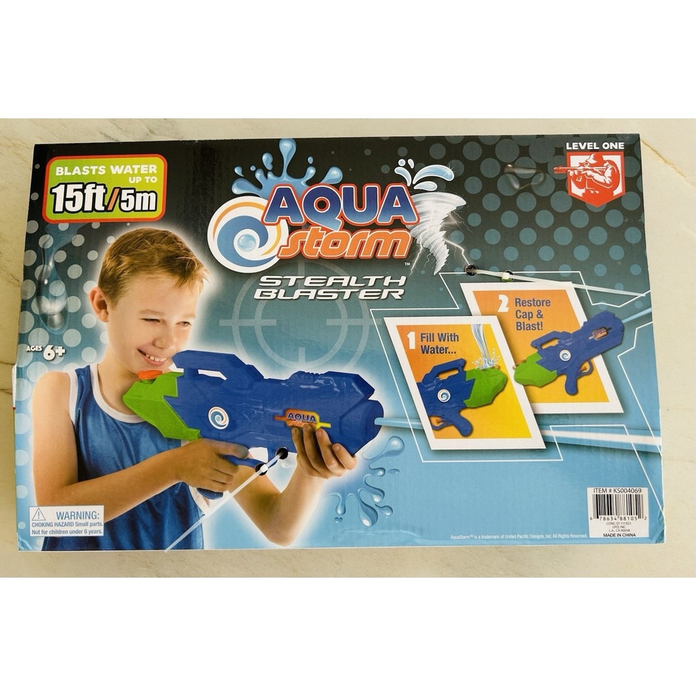 Blue Aqua Storm Stealth Blaster Water Gun NIB 15ft Range Kids Summer Toy Ages 6+
